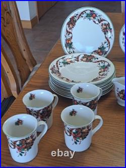 William James Stoneware 34 Piece Christmas Holiday Plaid Ribbon Fruit Dinnerware