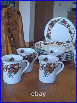 William James Stoneware 34 Piece Christmas Holiday Plaid Ribbon Fruit Dinnerware