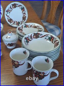 William James Stoneware 34 Piece Christmas Holiday Plaid Ribbon Fruit Dinnerware