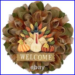 Wood Thanksgiving Turkey With Welcome Sign Burlap Deco Mesh Wreath Handmade
