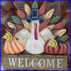 Wood Thanksgiving Turkey With Welcome Sign Burlap Deco Mesh Wreath Handmade