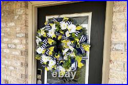XL Daisy Navy Blue Yellow Wreath Front Door Porch Patio Decor, Farmhouse Wedding