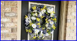XL Daisy Navy Blue Yellow Wreath Front Door Porch Patio Decor, Farmhouse Wedding