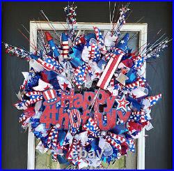 XL Deluxe Patriotic Happy 4th of July BLING Deco Mesh Front Door Wreath Decor XL Deluxe Patriotic Happy 4th of July BLING Deco Mesh Front Door Wreath Decor