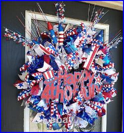 XL Deluxe Patriotic Happy 4th of July BLING Deco Mesh Front Door Wreath Decor XL Deluxe Patriotic Happy 4th of July BLING Deco Mesh Front Door Wreath Decor